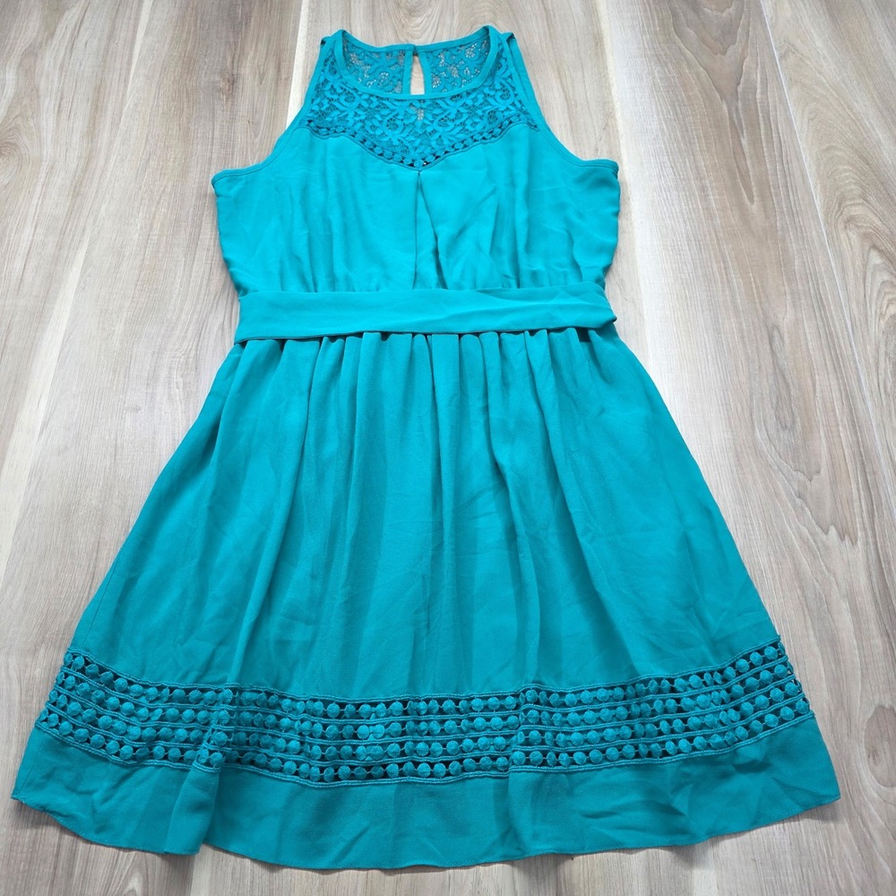 IZ Byer Lace Dress Turquoise Blue Fit Flare Sleeveless Boho Party Large Womens